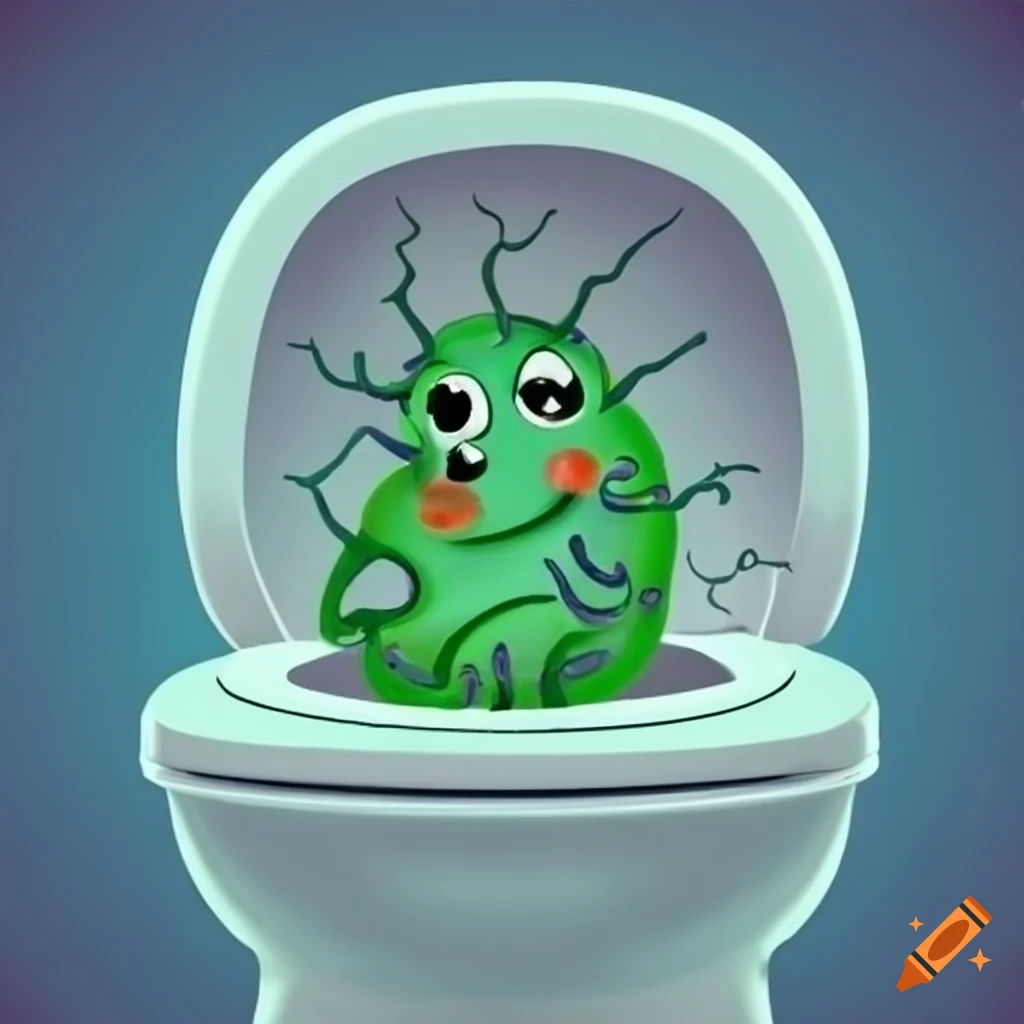 Cartoon bacteria sitting on a toilet in a horizontal image