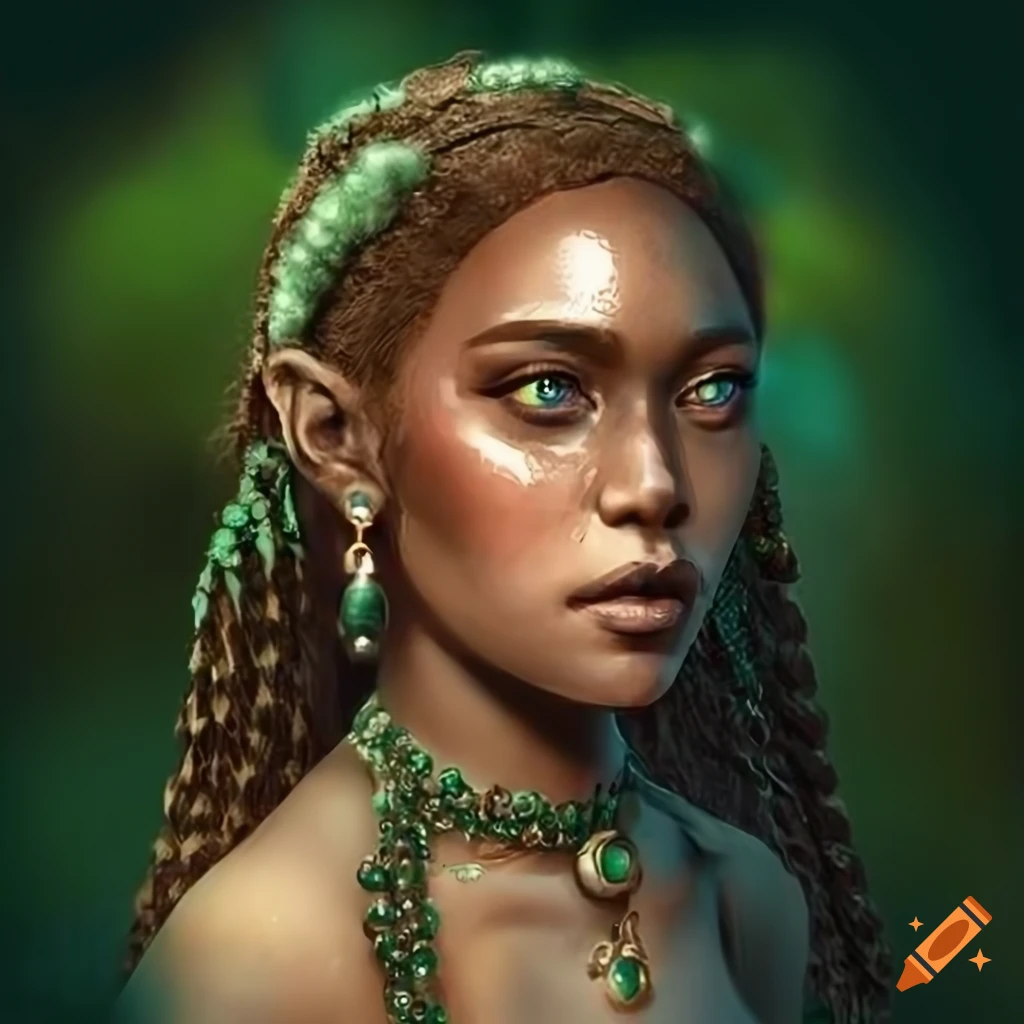Portrait of a druid with dark skin, green hair, and freckles