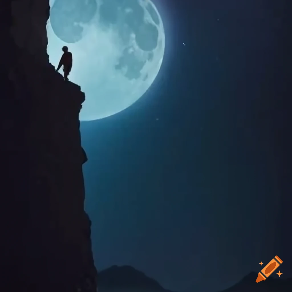 Two people scaling a steep cliff at night under the moonlight