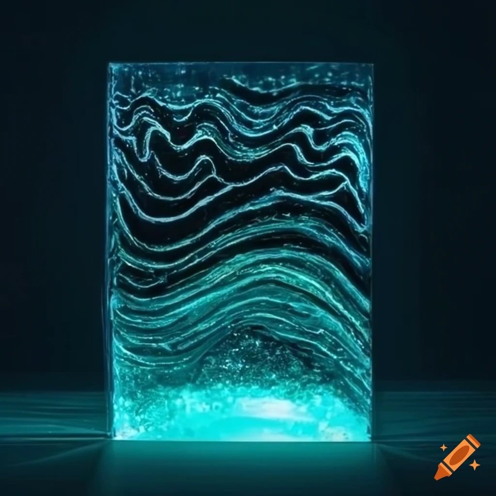 Dark room with colorful glitter magic wave inside a glass box
