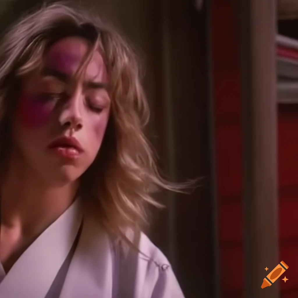 Female martial arts fighter from 80s tv show with bruised face spinning