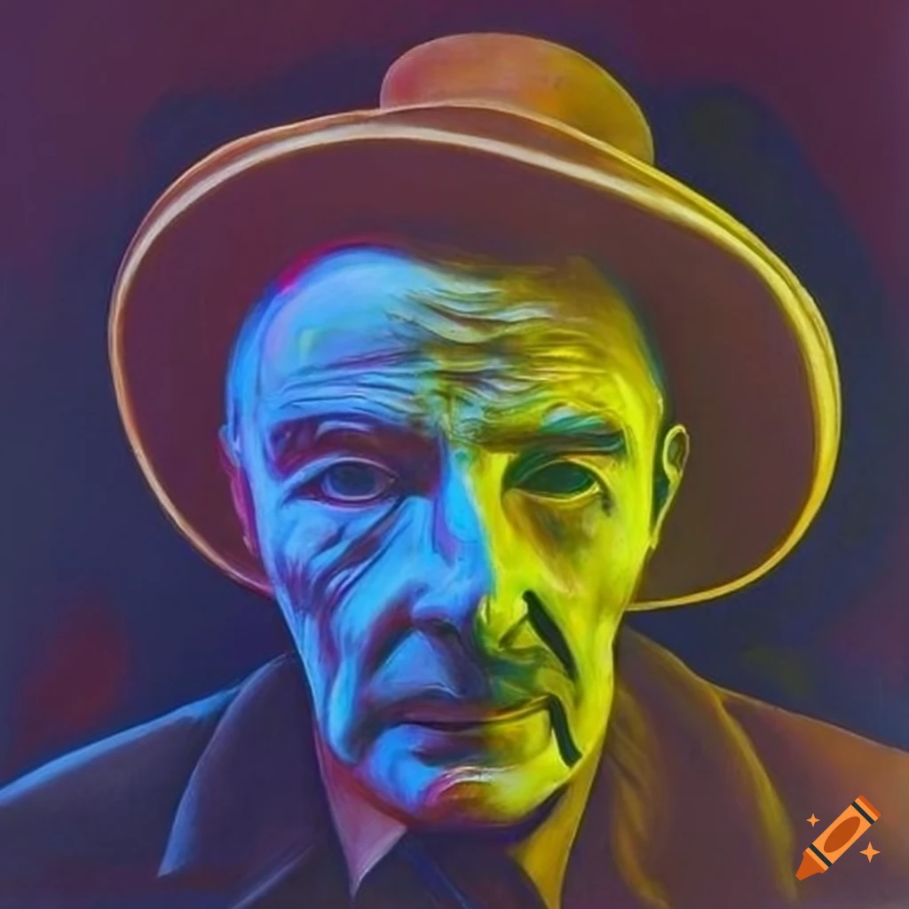 Artistic portrayal of young Robert Oppenheimer with hat and cigarette in neon yellow and magenta circle on black background
