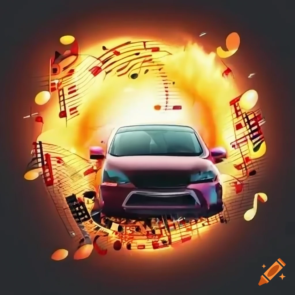 Car crash with explosion of music and musical notes
