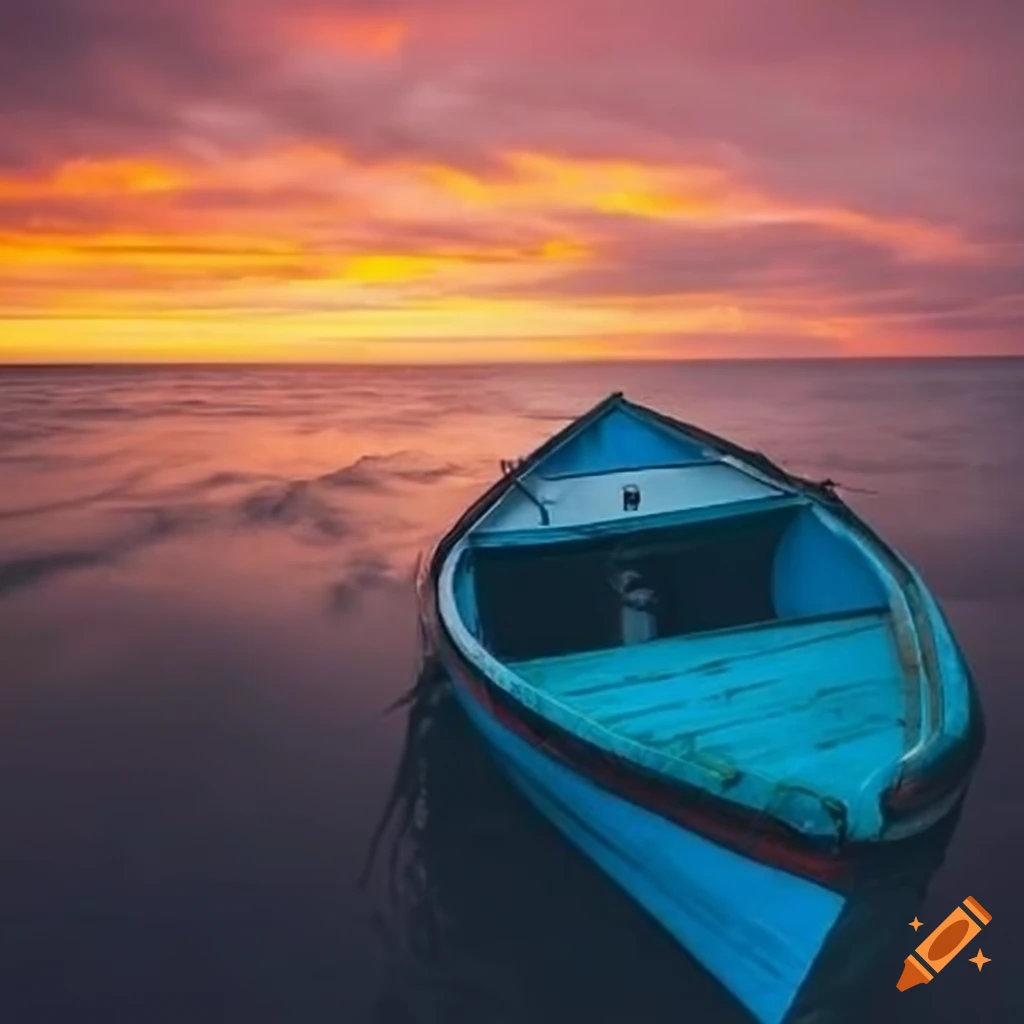 Empty small boat in the north sea at sunset after a storm on Craiyon