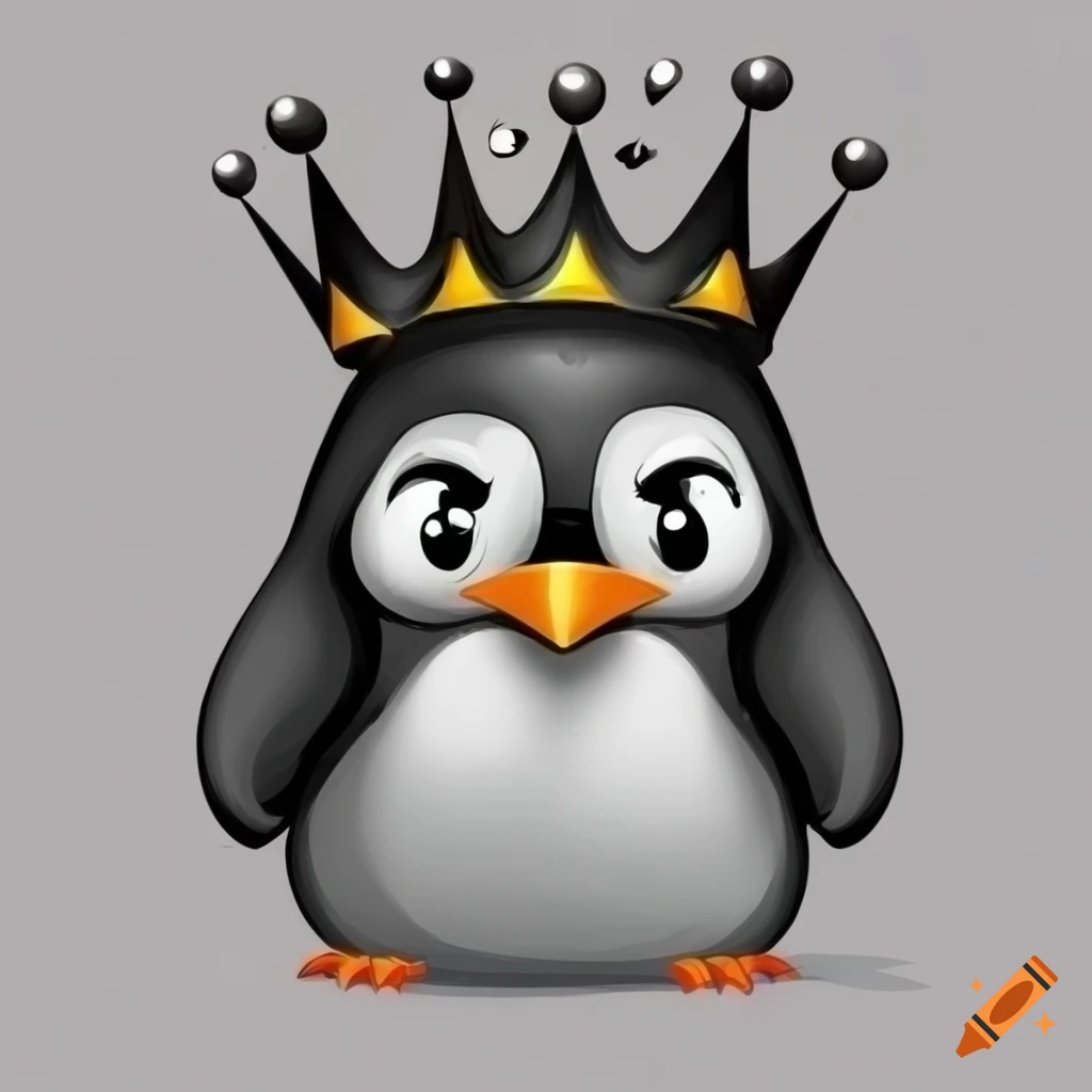 Gothic cute cartoon penguin with a tilted black crown
