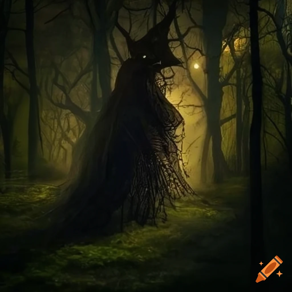 Woodland dreamscape with magical creatures in shades of shadows and light