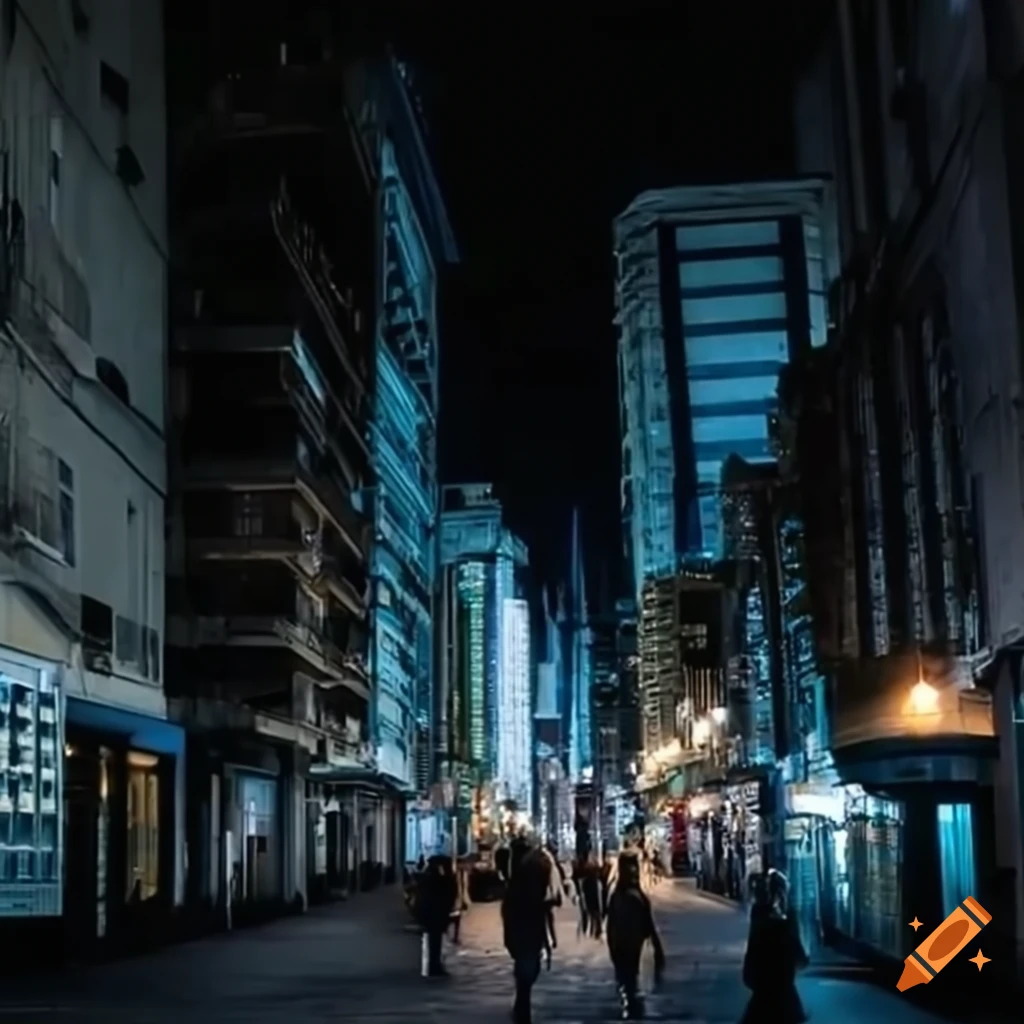 Alien city at dusk with bustling streets and vibrant buildings