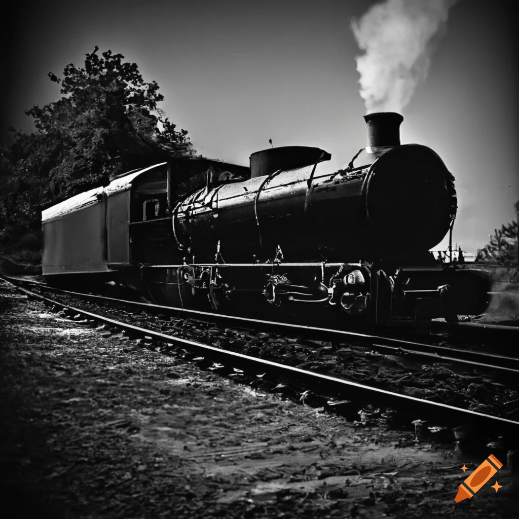 Vintage 1830s steam engine on a railway track in black and white on Craiyon