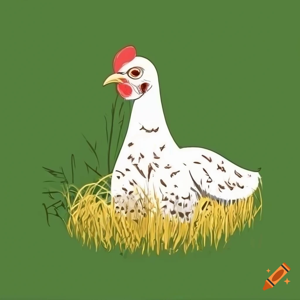 White Sussex chicken laying an egg in a line drawing style