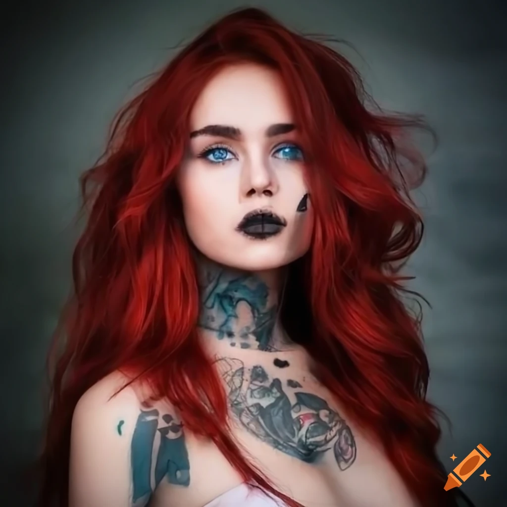 Woman with long dark red wavy hair, neck and chest tattoos, and facial piercings