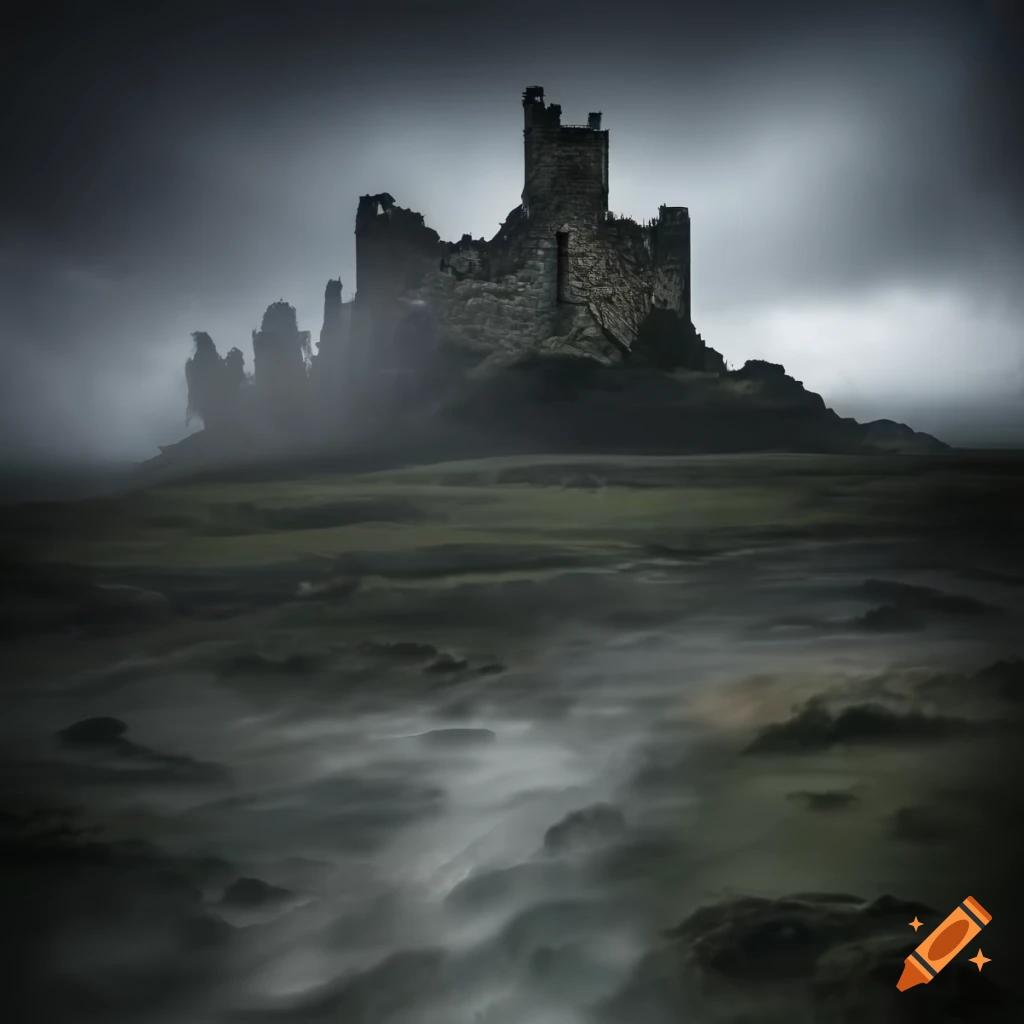 Dark and stormy photorealistic landscape with ruined castle in the distance