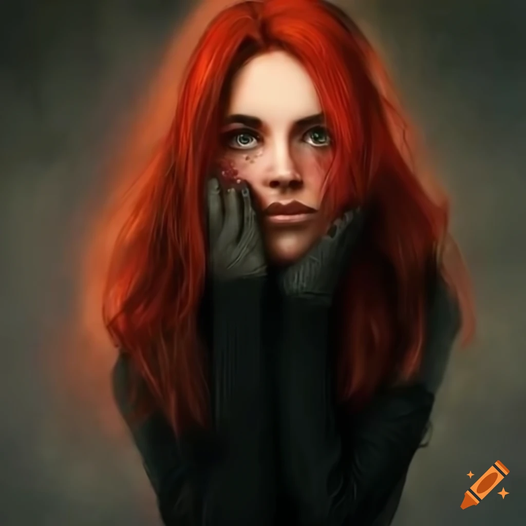 Woman with bright red hair leaning against a wall in stormy weather