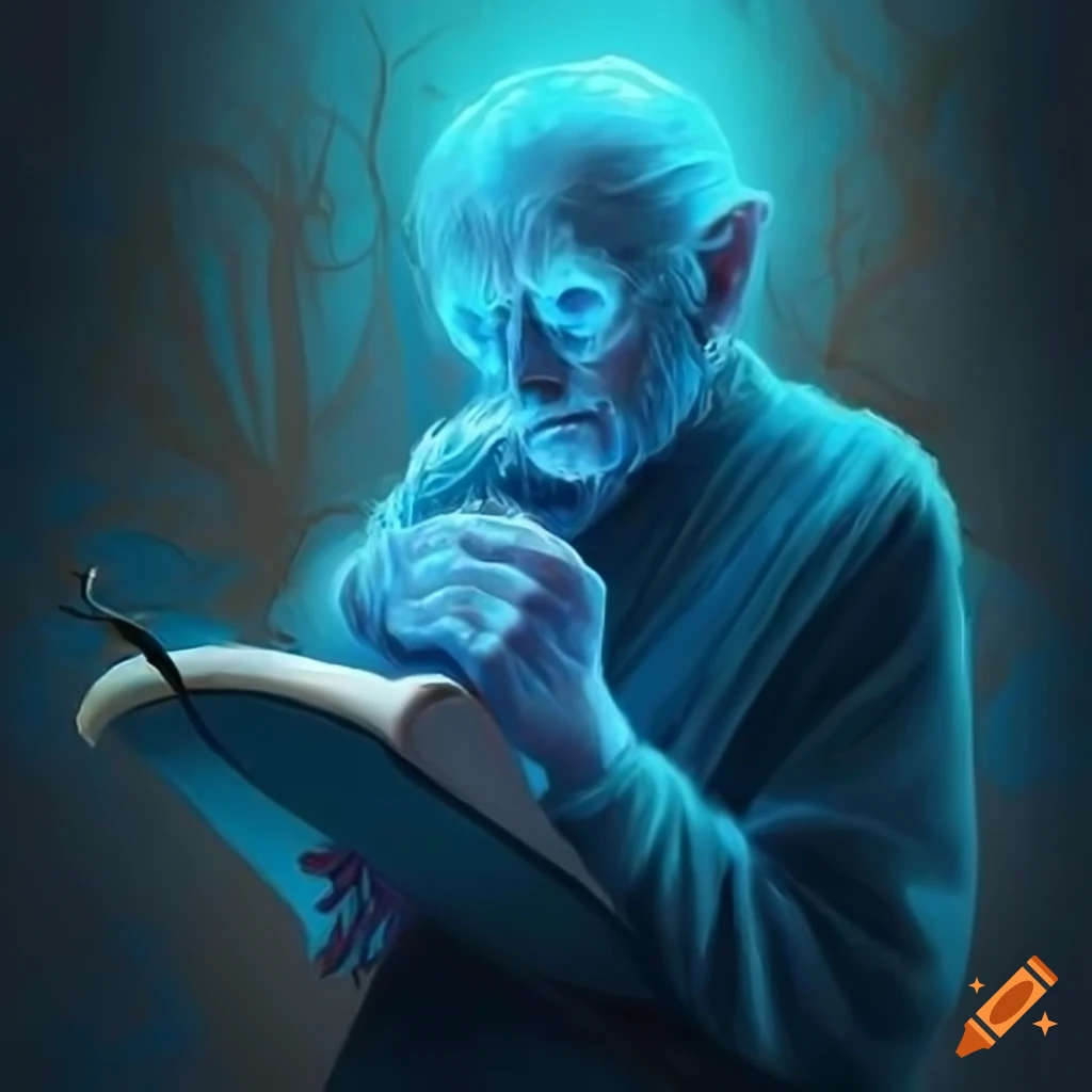 Elderly poet's spirit writing on a scroll in a fantasy art style