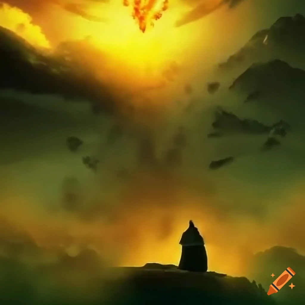 A believer kneeling in prayer for a dying person under a shining light beam from the sky