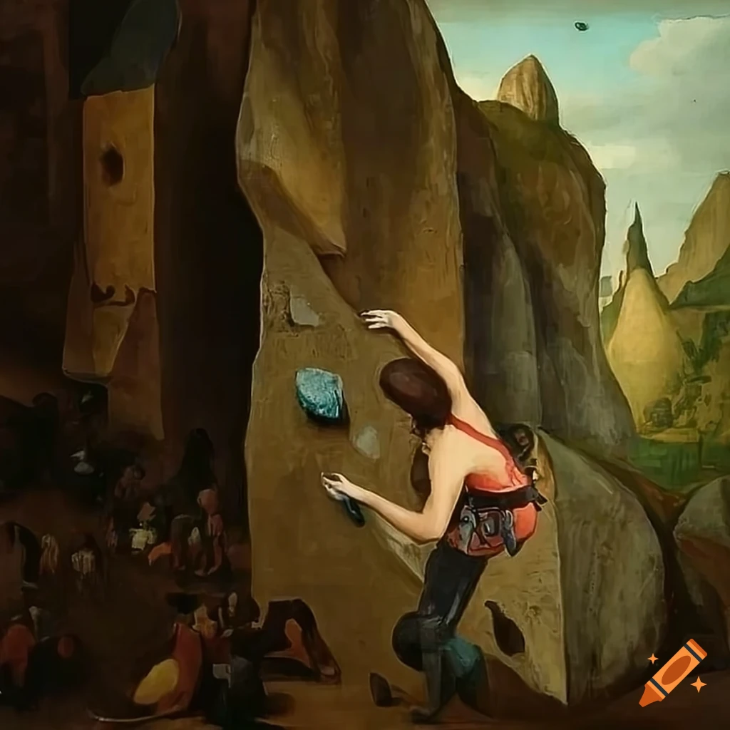 Female dark haired rock climber bouldering in a painting by Pieter Bruegel