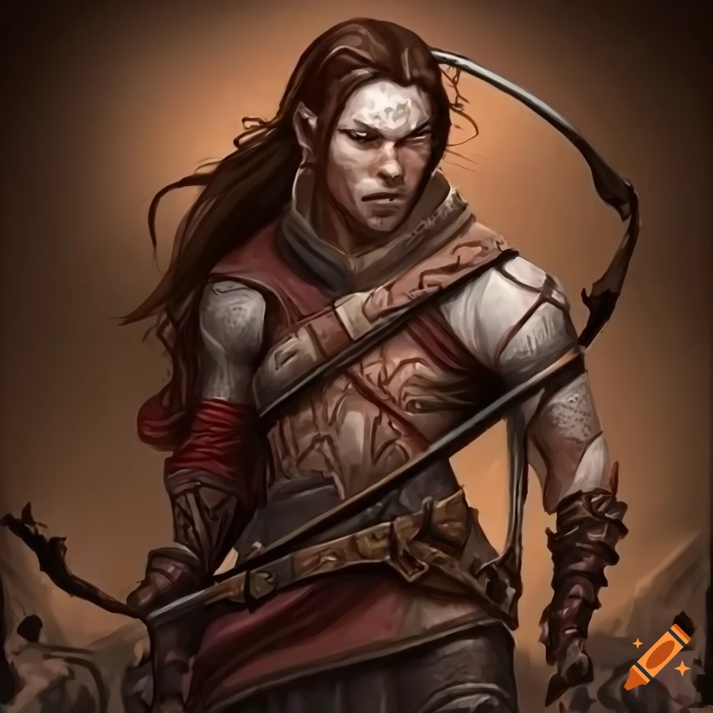 D&d blood hunter kalashtar with red hair and scars, holding a bow on