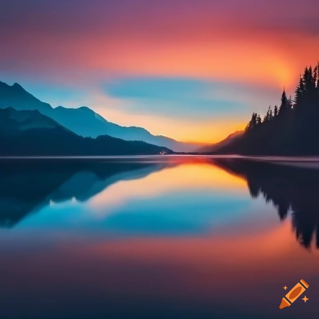 Mountain sunrise reflecting on a lake on Craiyon