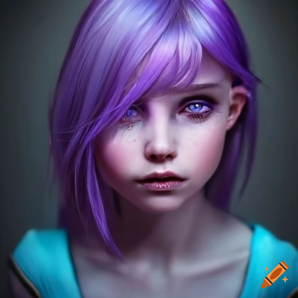 Girl with blue skin, purple hair, and purple eyes on Craiyon