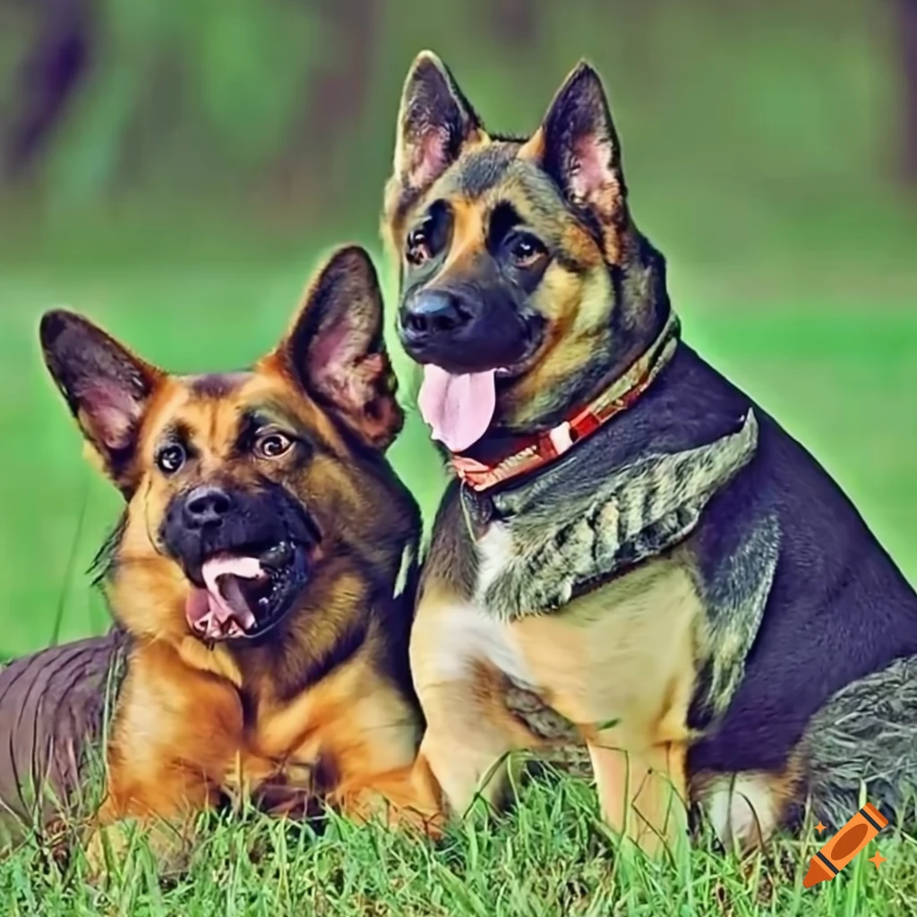 German shepherd and pitbull playing in the grass