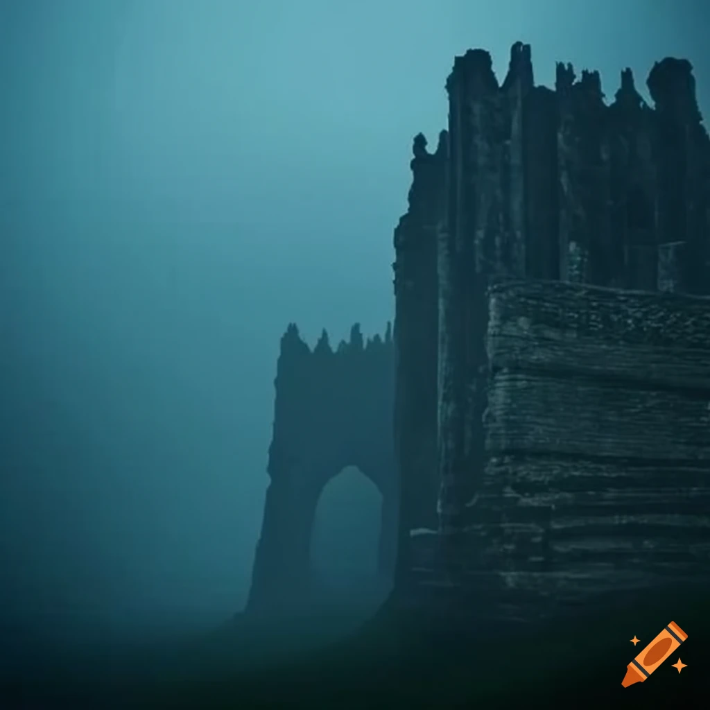 Mysterious ancient structure in a gloomy mist on Craiyon