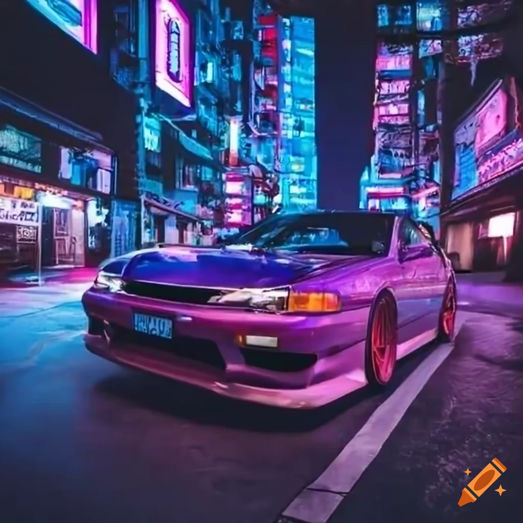 Sleek purple nissan s14 kouki sports car in a neon-lit japanese town at ...
