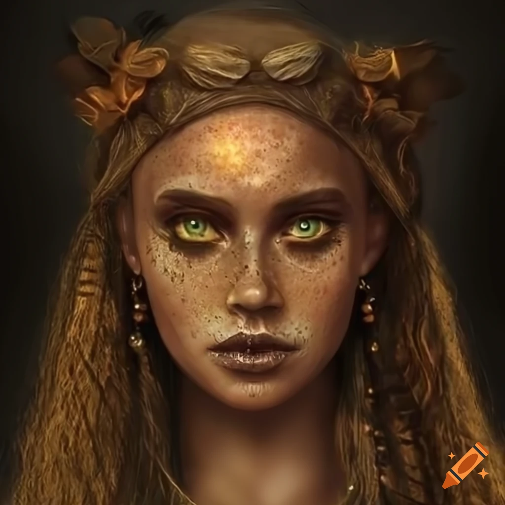 Portrait of a druid with dark skin, green hair, and freckles