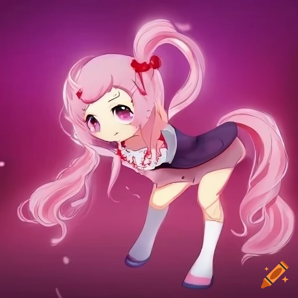 Dynamic illustration of Natsuki Arc, a pink-eyed ddlc pony mlp in action