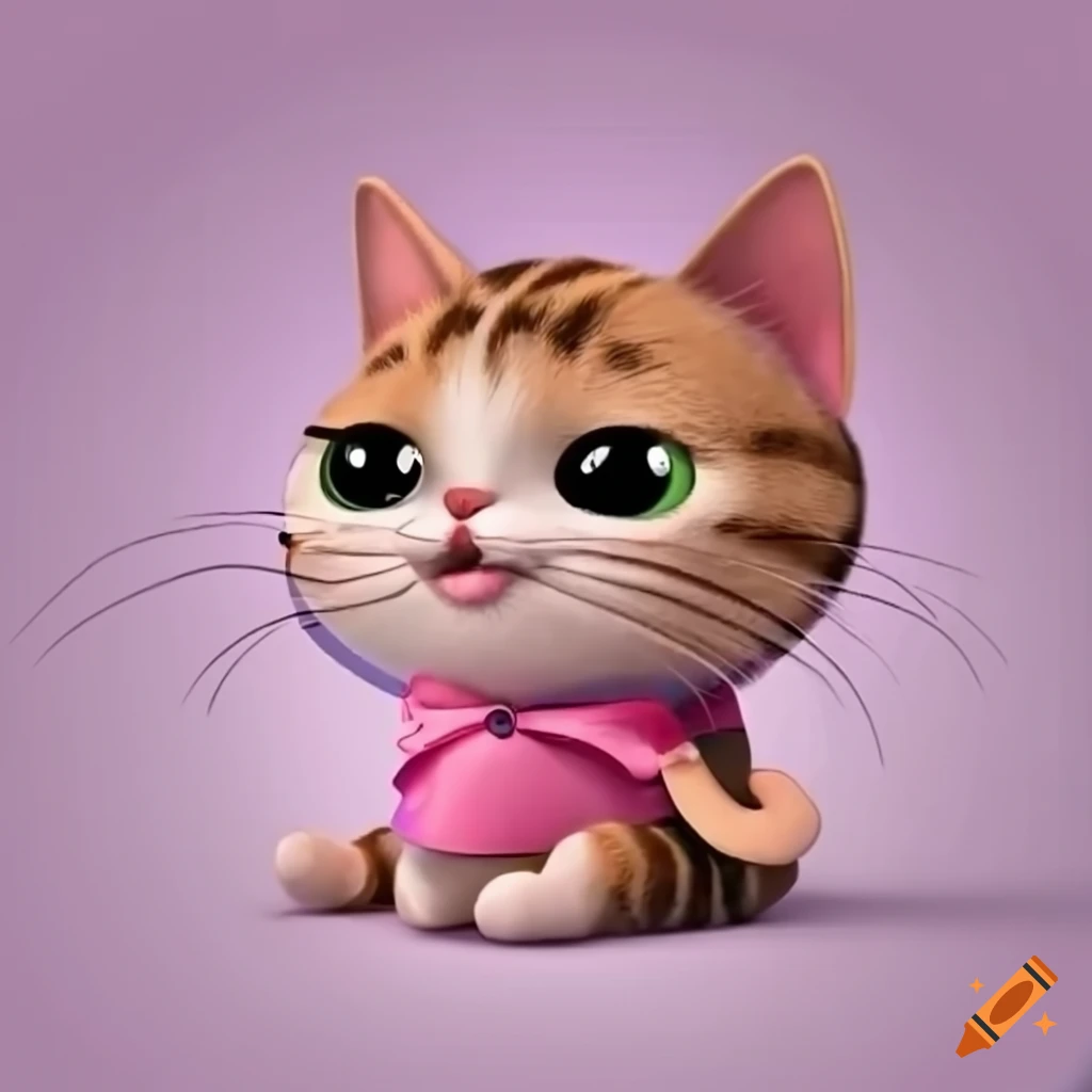 Small animated cat with a cheerful expression wearing a pink shirt, ribbon, and sneakers