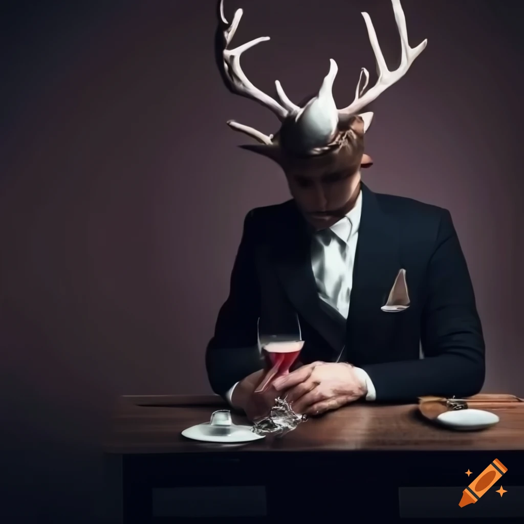 Man in suit with deer horns drinking wine at a table in white space