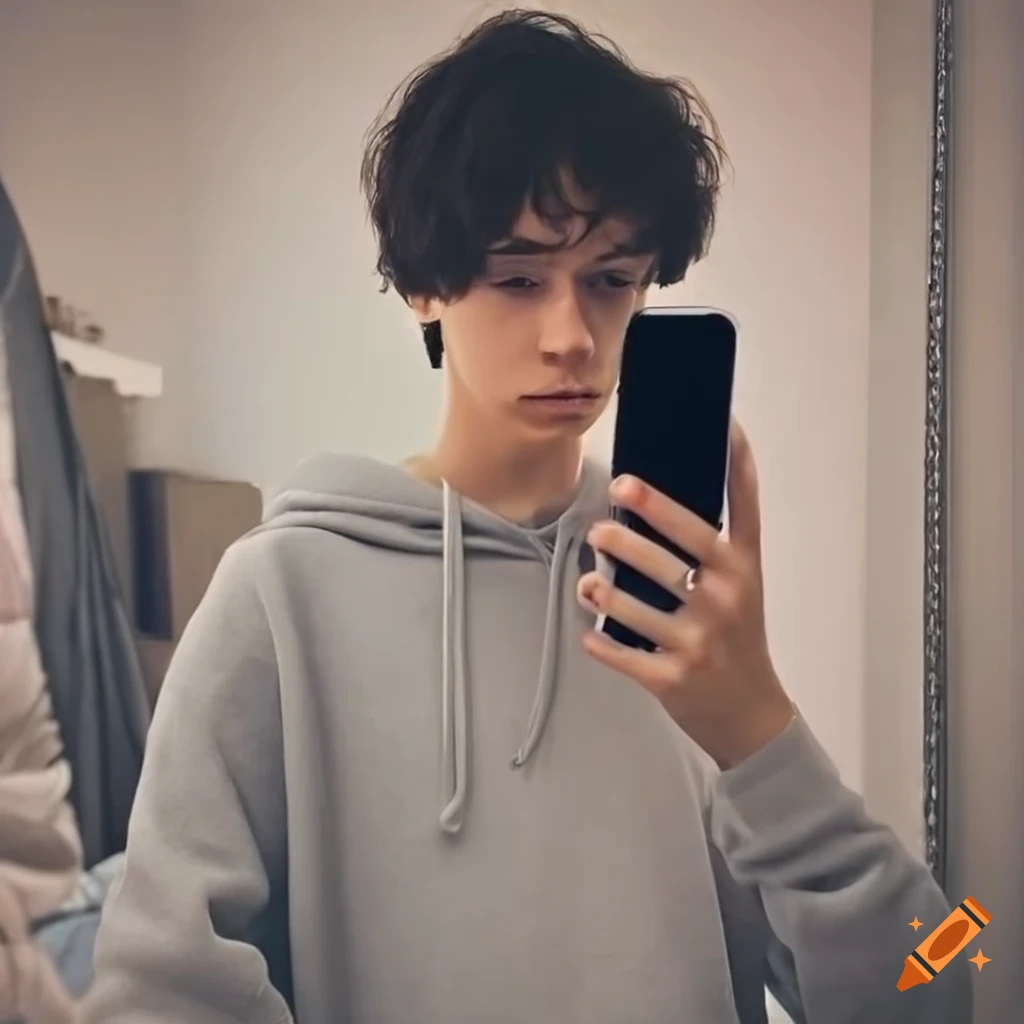 Casual mirror selfie of a young man with smartphone