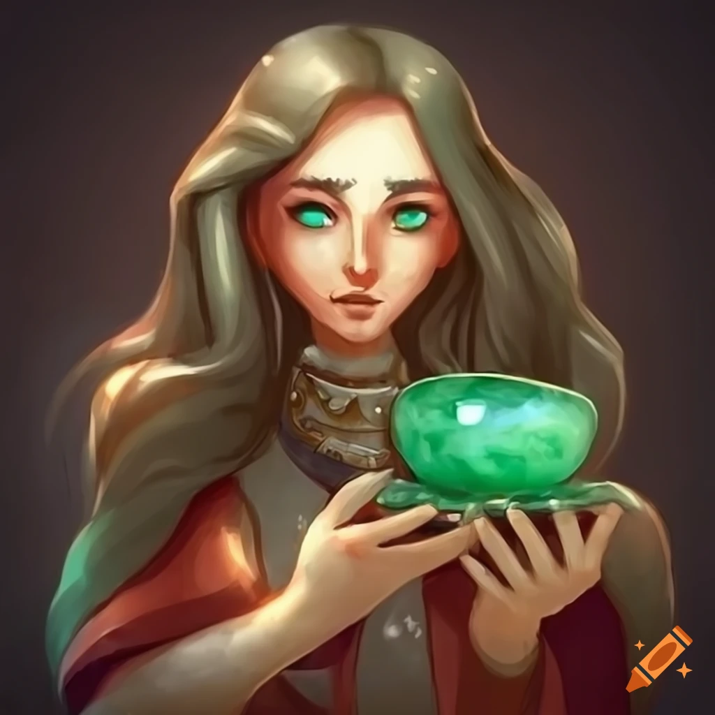 Scientist creating a jade trinket in a fantasy town
