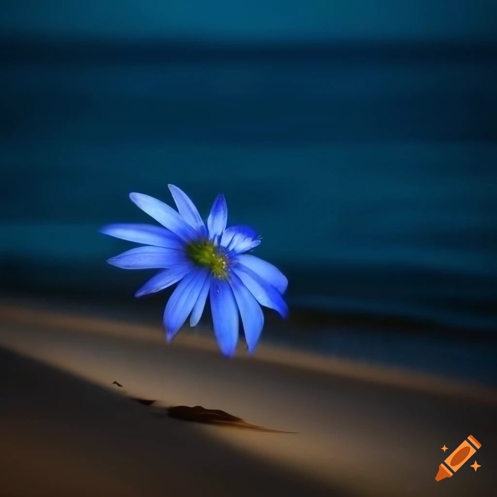 Blue flower at night on a beach