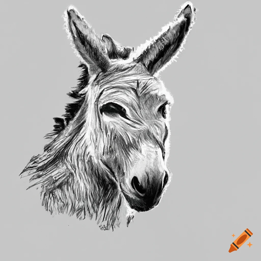 Black and white pencil drawing of a donkey