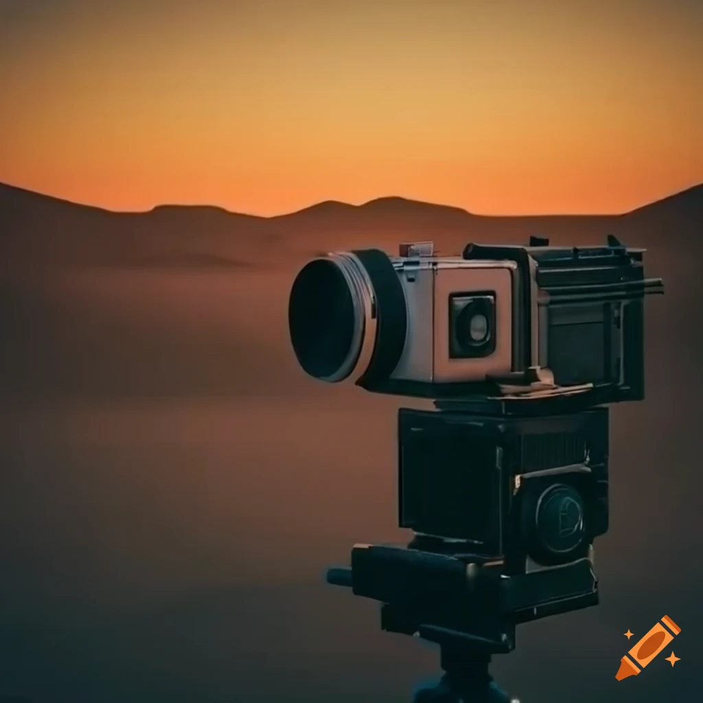 Vintage broadcast camera capturing a serene desert landscape in golden hour on Craiyon