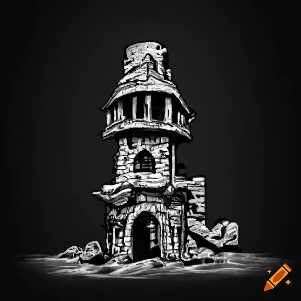 Impressive black and white illustration of a decaying medical guard tower surrounded by forest and thorns