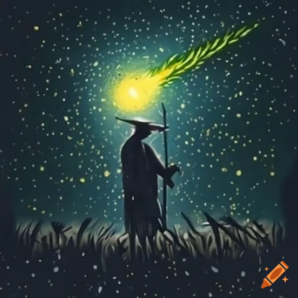 Enraged farmer in rye field looking at green and yellow comet with starry constellations