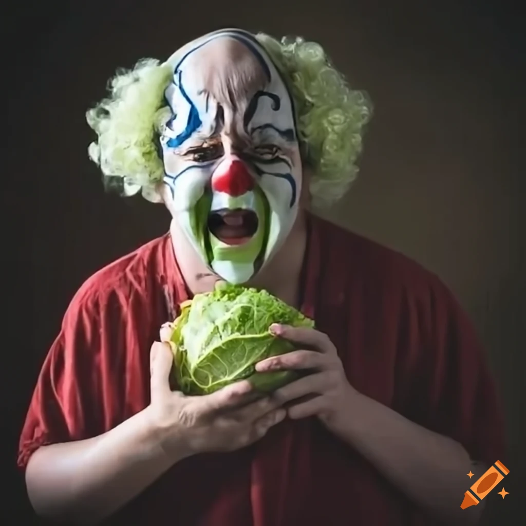 Sad clown holding cabbage and shedding tears on Craiyon