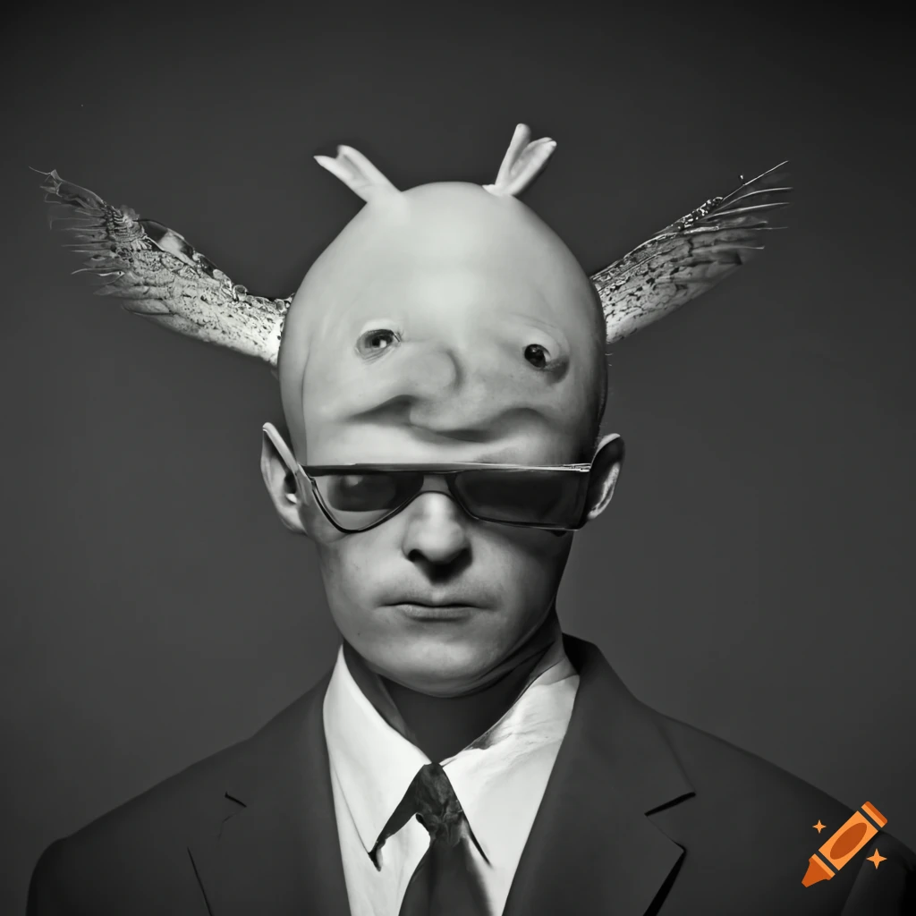 Surreal man with fish head in elegant suit, in man ray style black and