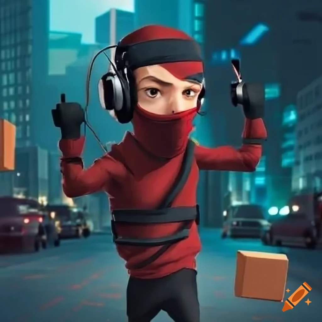 Ninja with radio headset running through city streets