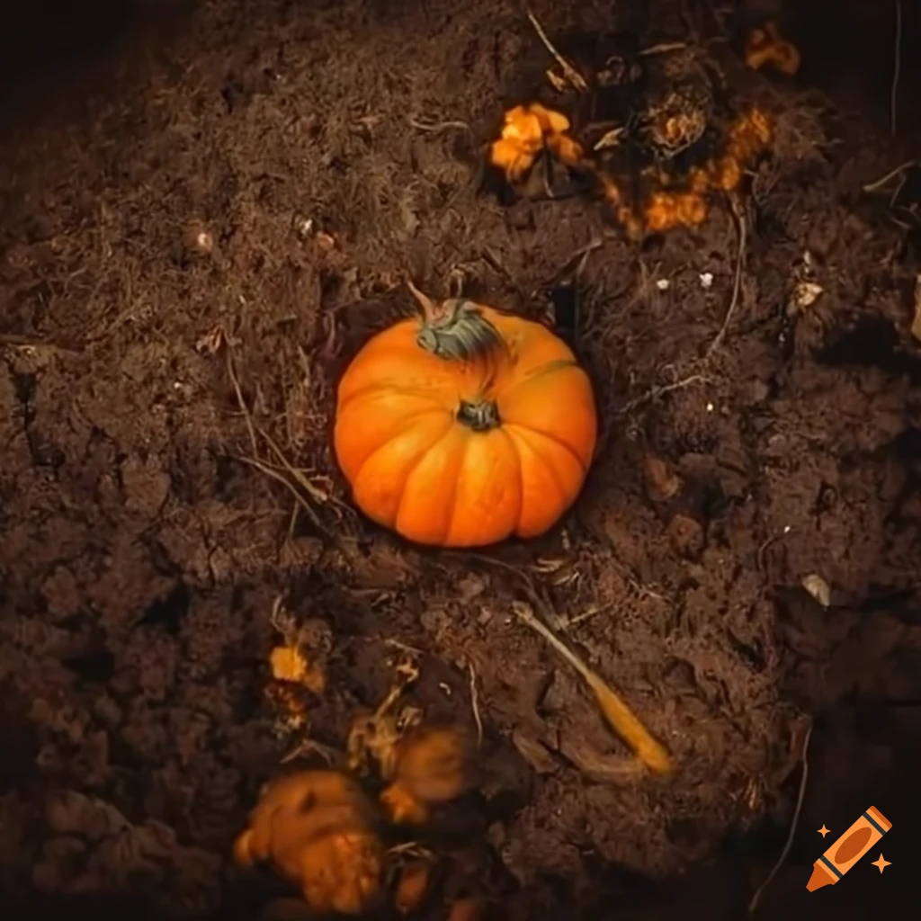 Spooky pumpkin patch with worms, top down view