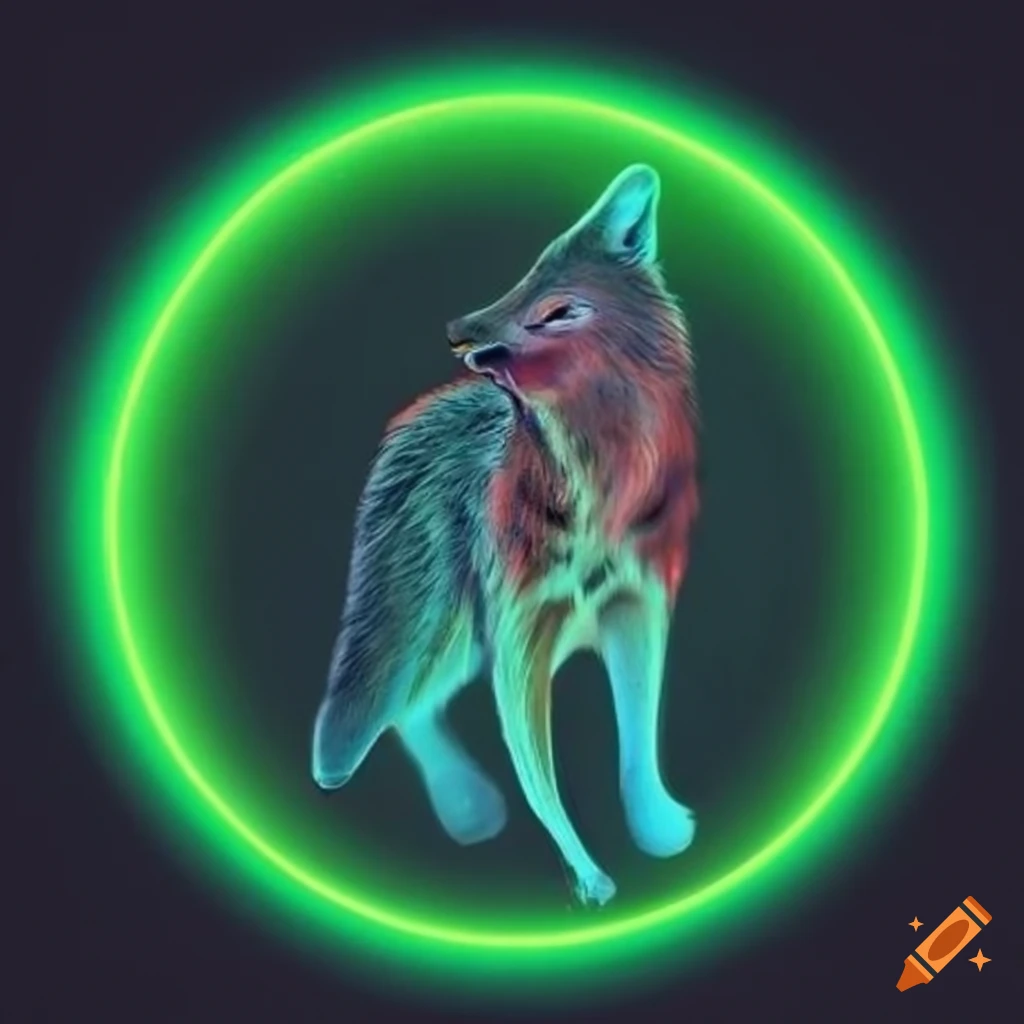 Neon yellow wolf in a green circle on black background by max ernst on