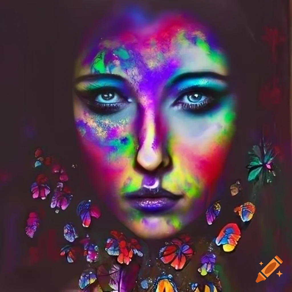 Surreal woman's face in a colorful and gothic forest setting on Craiyon