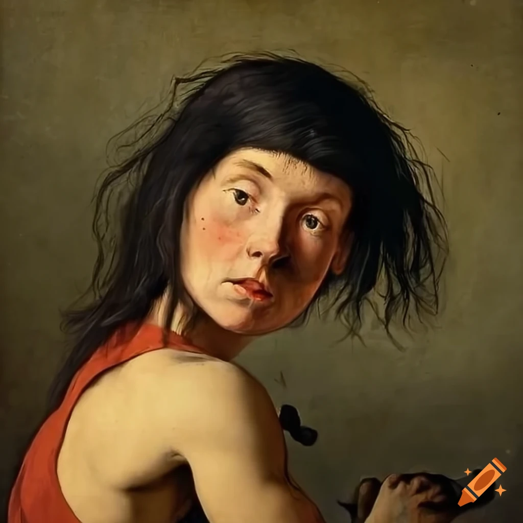 Female dark haired rock climber bouldering in a painting by Pieter Bruegel