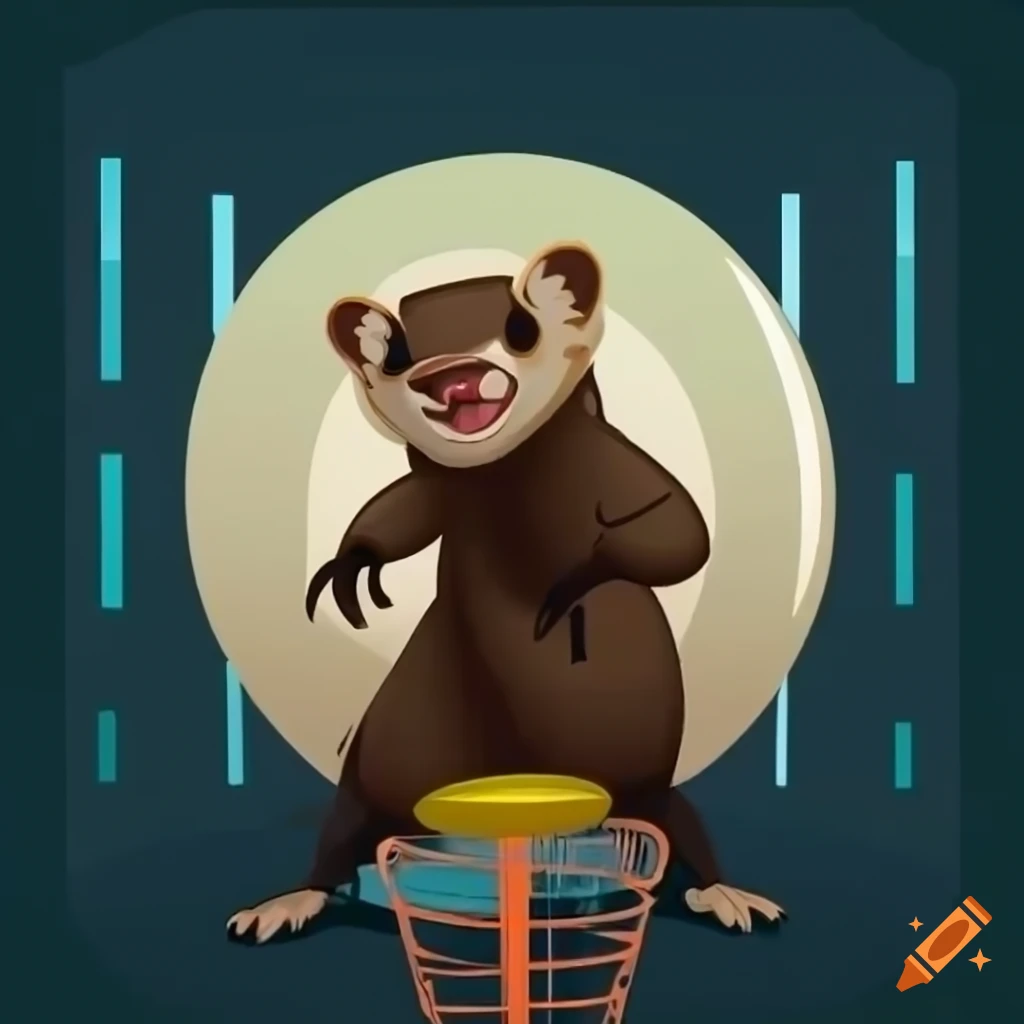 European polecat character throwing a disc in front of a modern Art deco style with a disc golf basket in the background