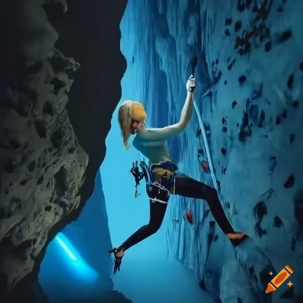 Blonde man and woman rock climbing in crystal-covered cave