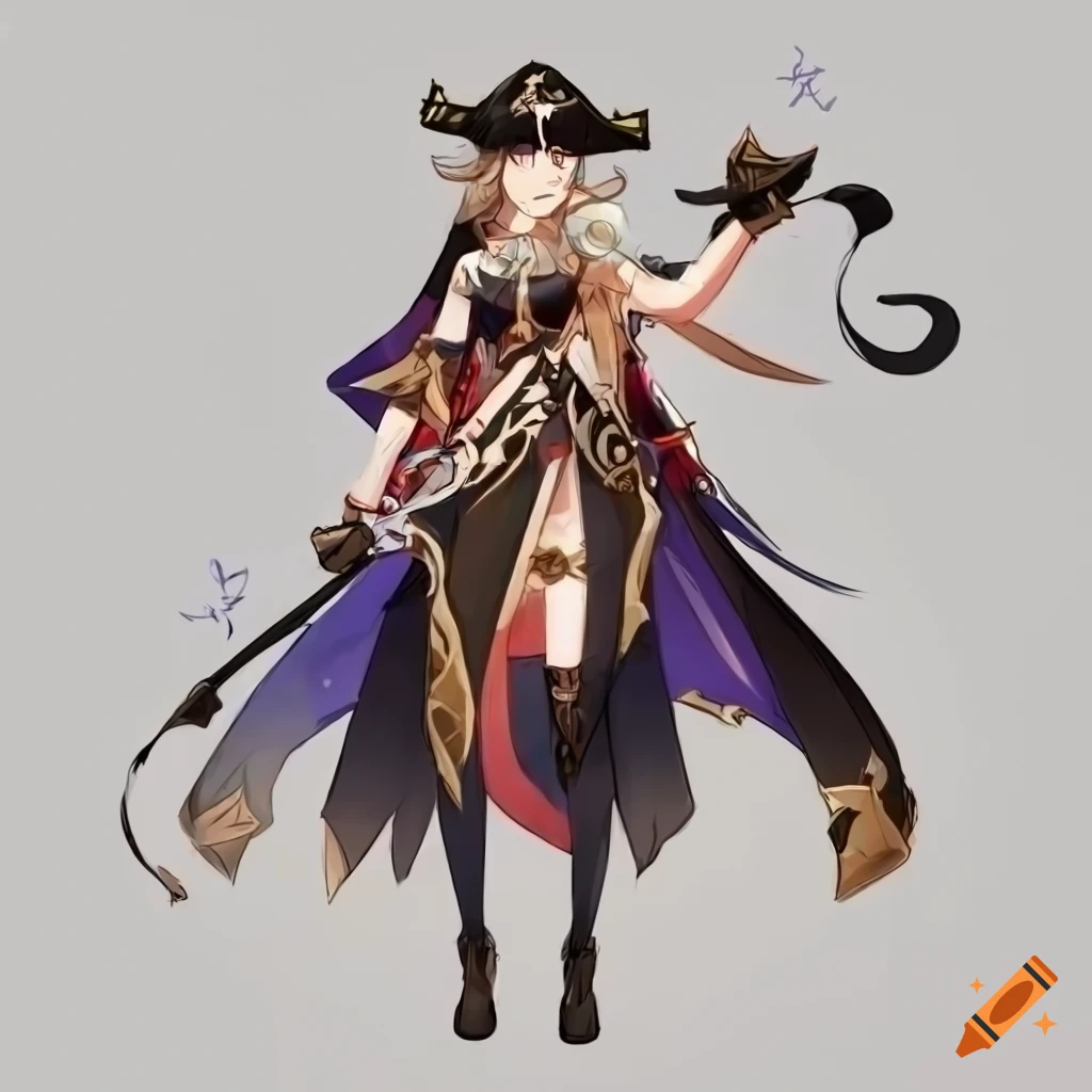 Character design sheet of a pirate-themed woman from Genshin Impact
