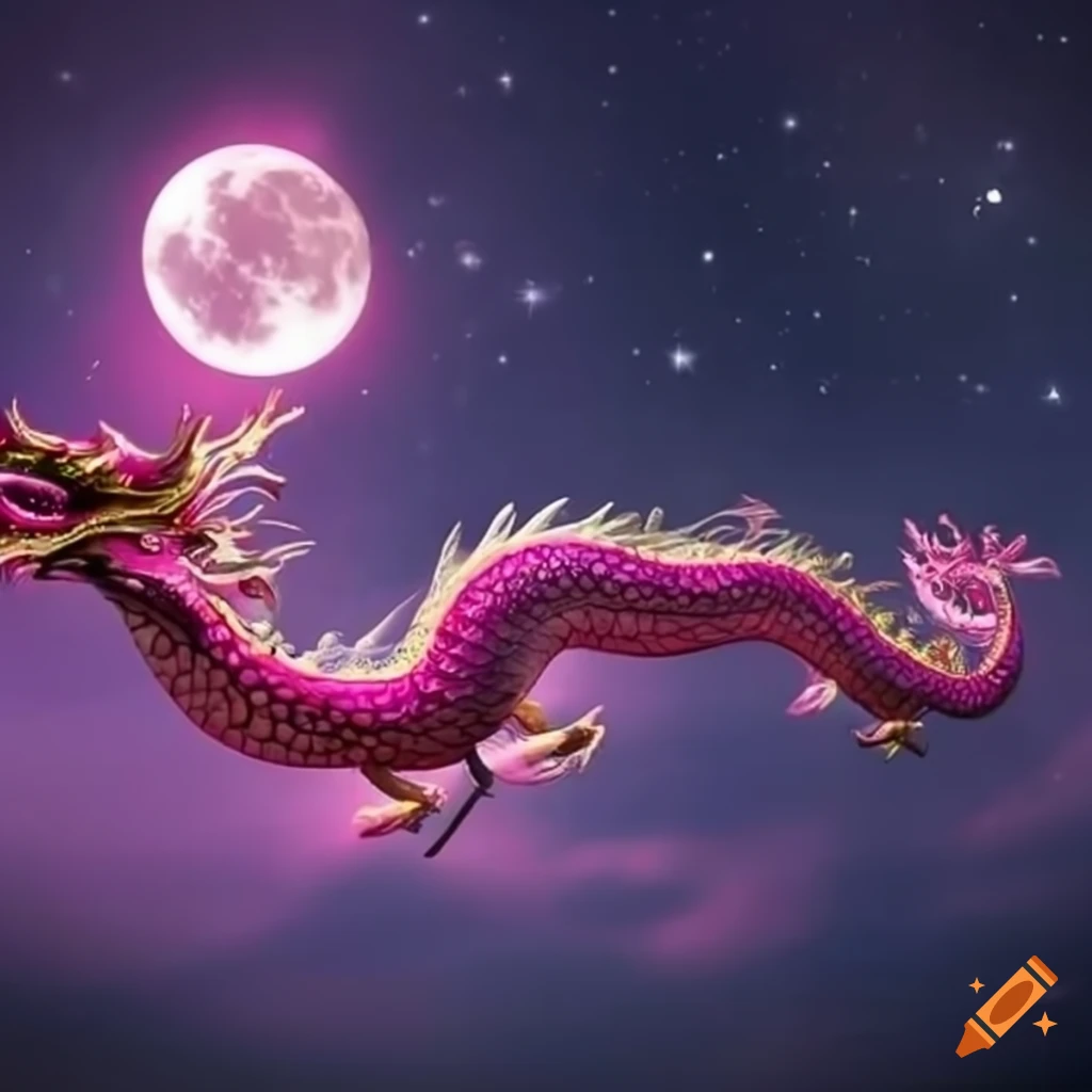 Pink chinese dragon with moon and stars backdrop on Craiyon