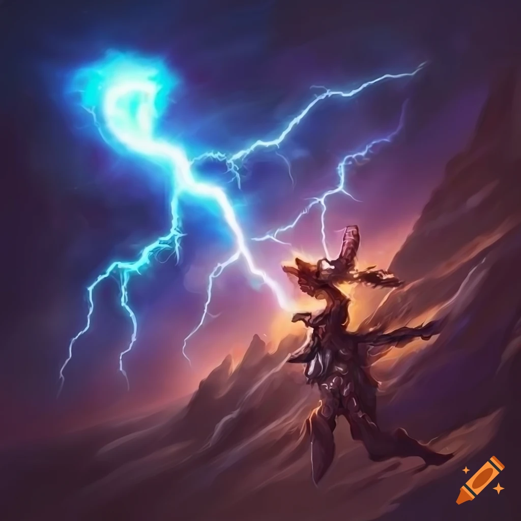 Electric charged lightning bolt striking the ground with magical effects on Craiyon