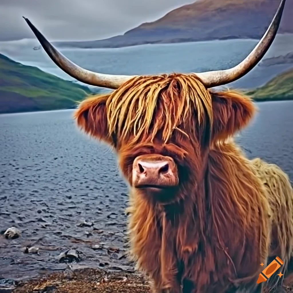 Highland cow and sheep at Loch Lochy