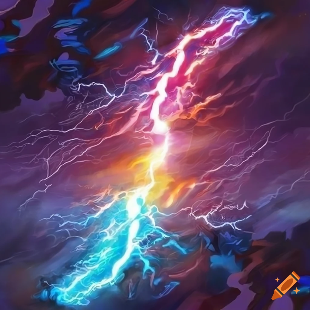 Electric charged lightning bolt striking the ground with magical effects on Craiyon